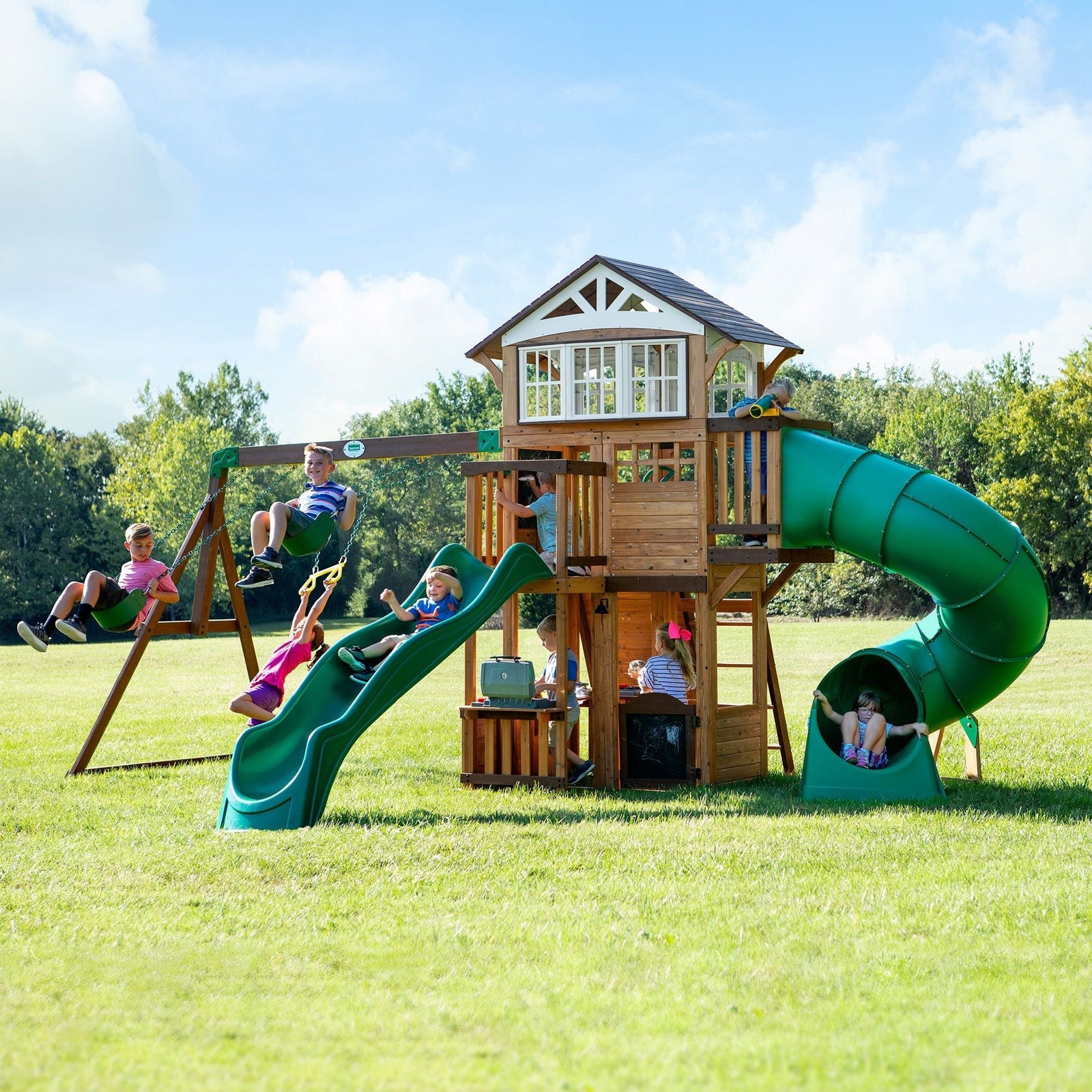 Discovery Kids' Bristol Point Cedar Wood Swing Set with Swing Beam, Upper & Lower Fort, Rock Wall & Slide Play for up to 11 Kids Z3T3 - product image 1