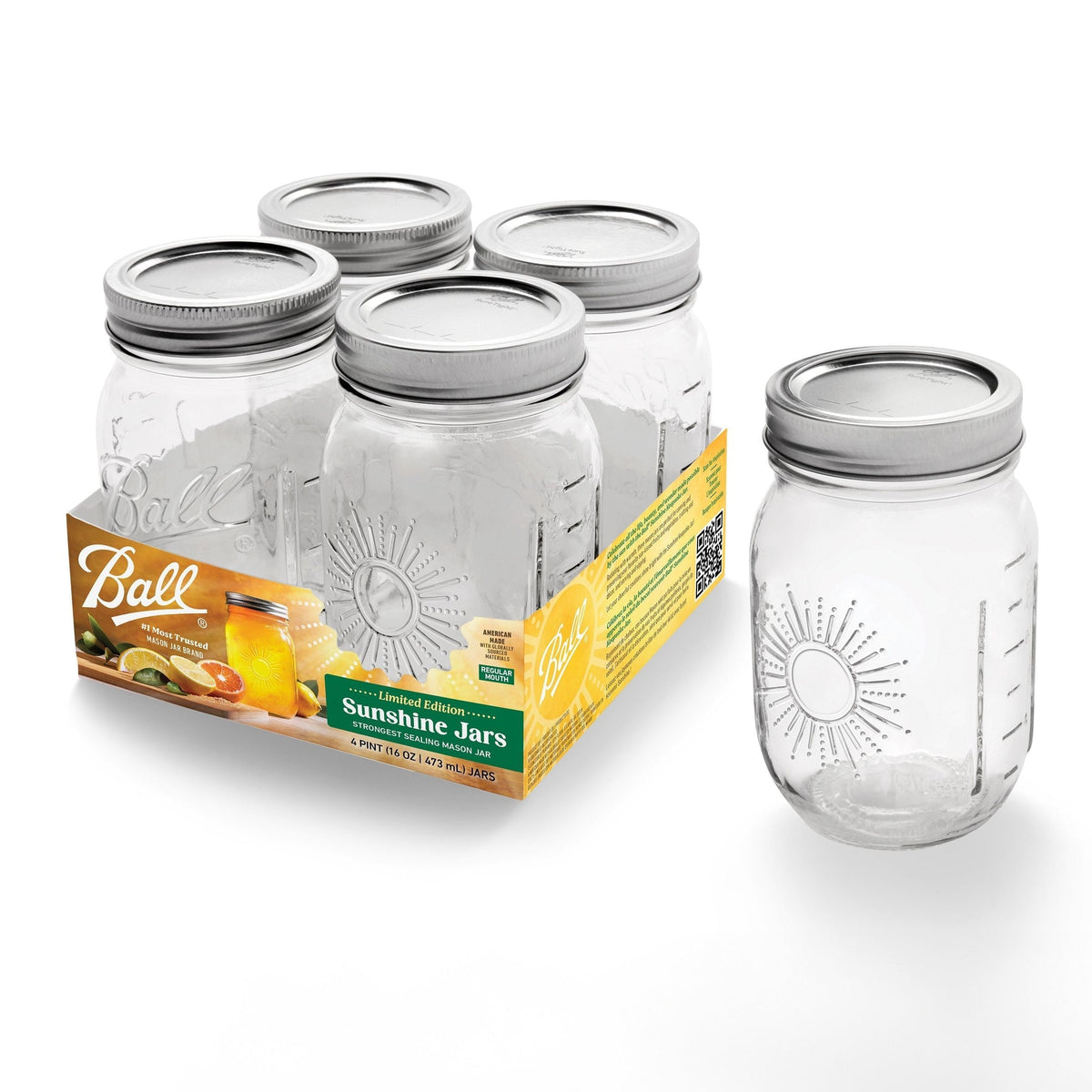 Ball Regular Mouth Sunshine Glass Mason Jar, 16-oz/473-mL, 4-pk C8Y1 - product image 1