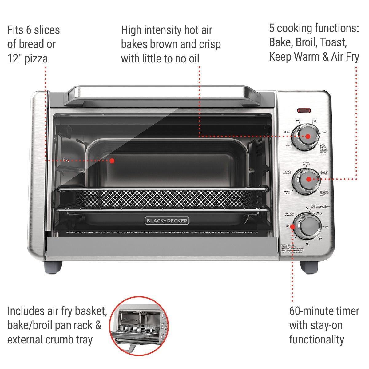 Crisp 'N bake 6-Slice Air Fryer Toaster Oven, Stainless Steel, 5 Cooking Functions U3Z0 - product image 3