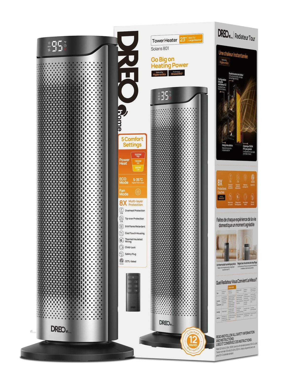 Home 1500W PTC Convection Oscillating Ceramic Electric Tower Heater, 23-in M5N8 - product image 2