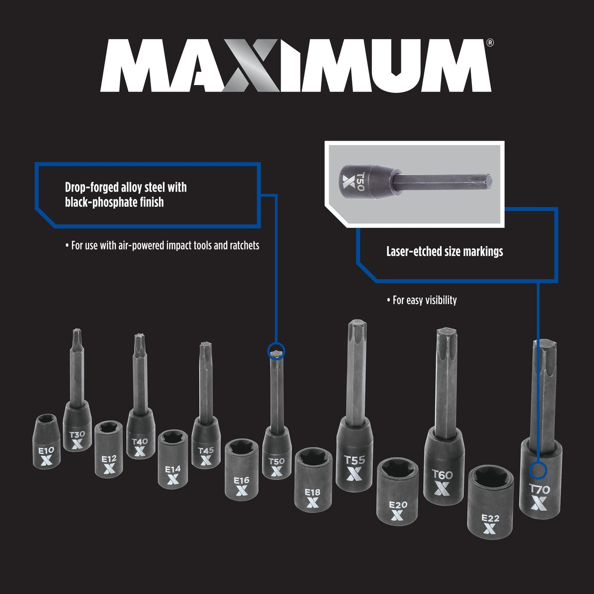 Torx & E-Torx Impact Bit Socket Set, 14-pc, SAE/Metric E3E3 - product image 2