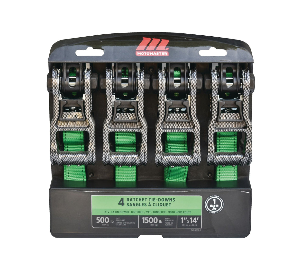 1,500-lb Carbon Ratchet Tie Downs, Weatherproof, 1-in x 14-ft, 4-pk, Green Q1X7 - product image 1
