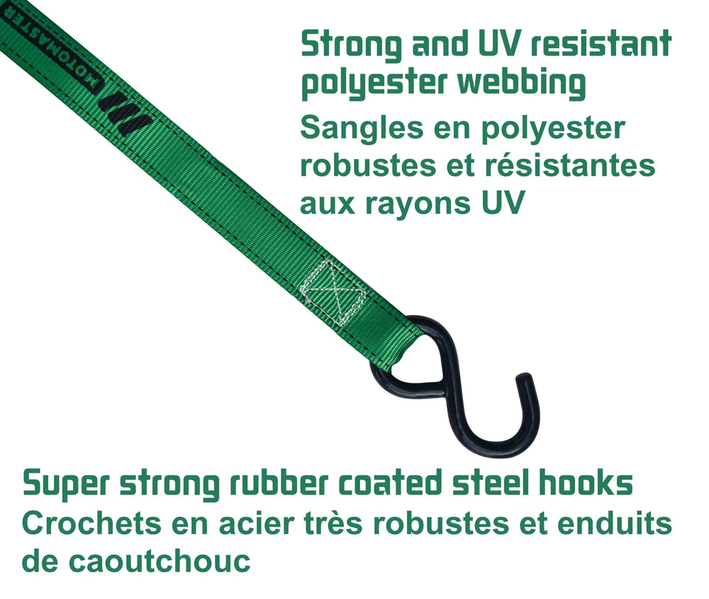 1,500-lb Carbon Ratchet Tie Downs, Weatherproof, 1-in x 14-ft, 4-pk, Green Q1X7 - product image 3