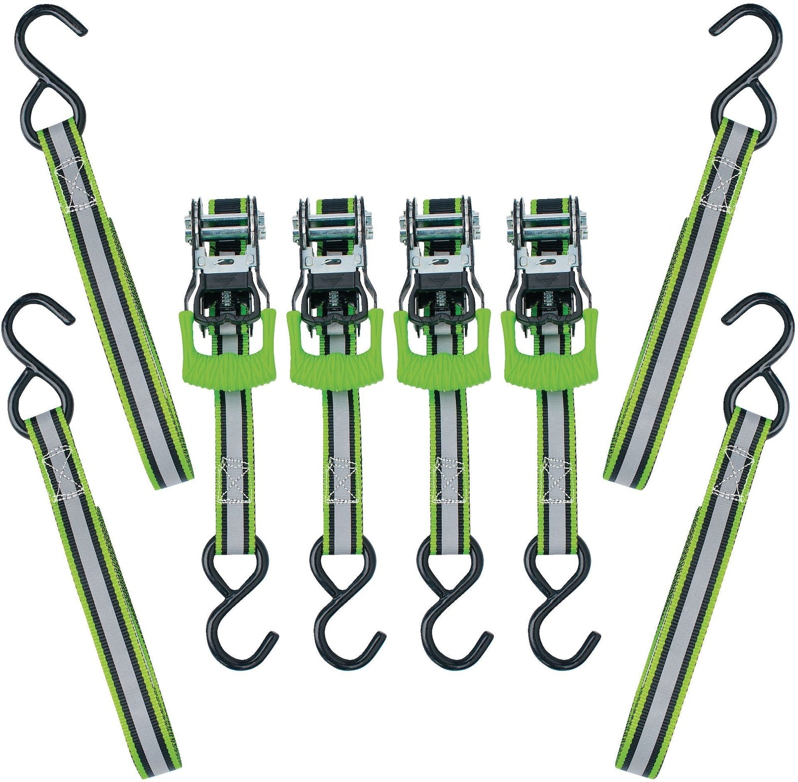 1,500-lb Reflective Ratchet Tie Down Strap, with Padded D-Handle, 1-in x 12-ft, 4-pk, Green C0N4 - product image 1