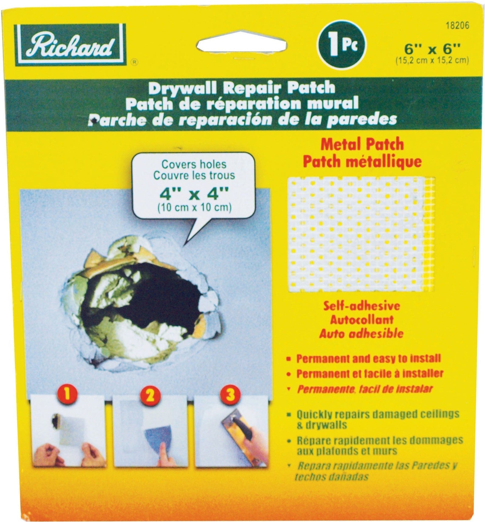 Self-Adhesive Metal-Reinforced Drywall & Ceiling Hole Repair Patch, 6 x 6-in M9X5 - product image 1