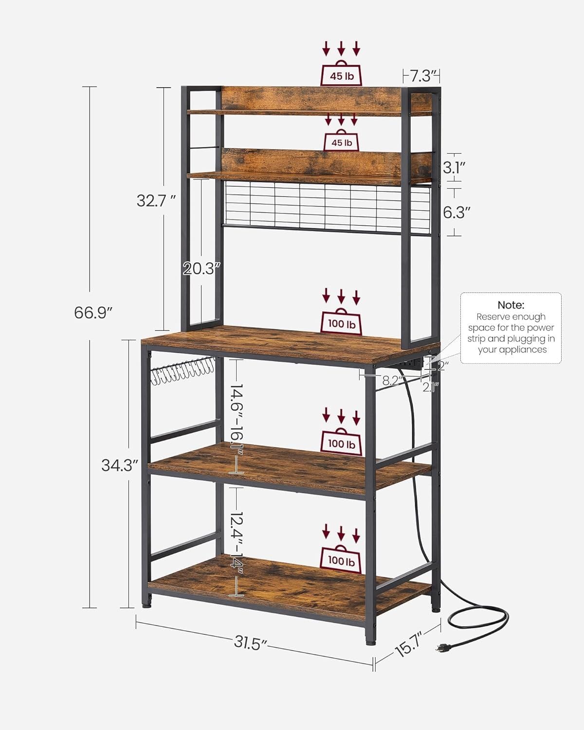 Home Rustic Brown Baker's Rack with Charging Station N8Q8 - product image 8