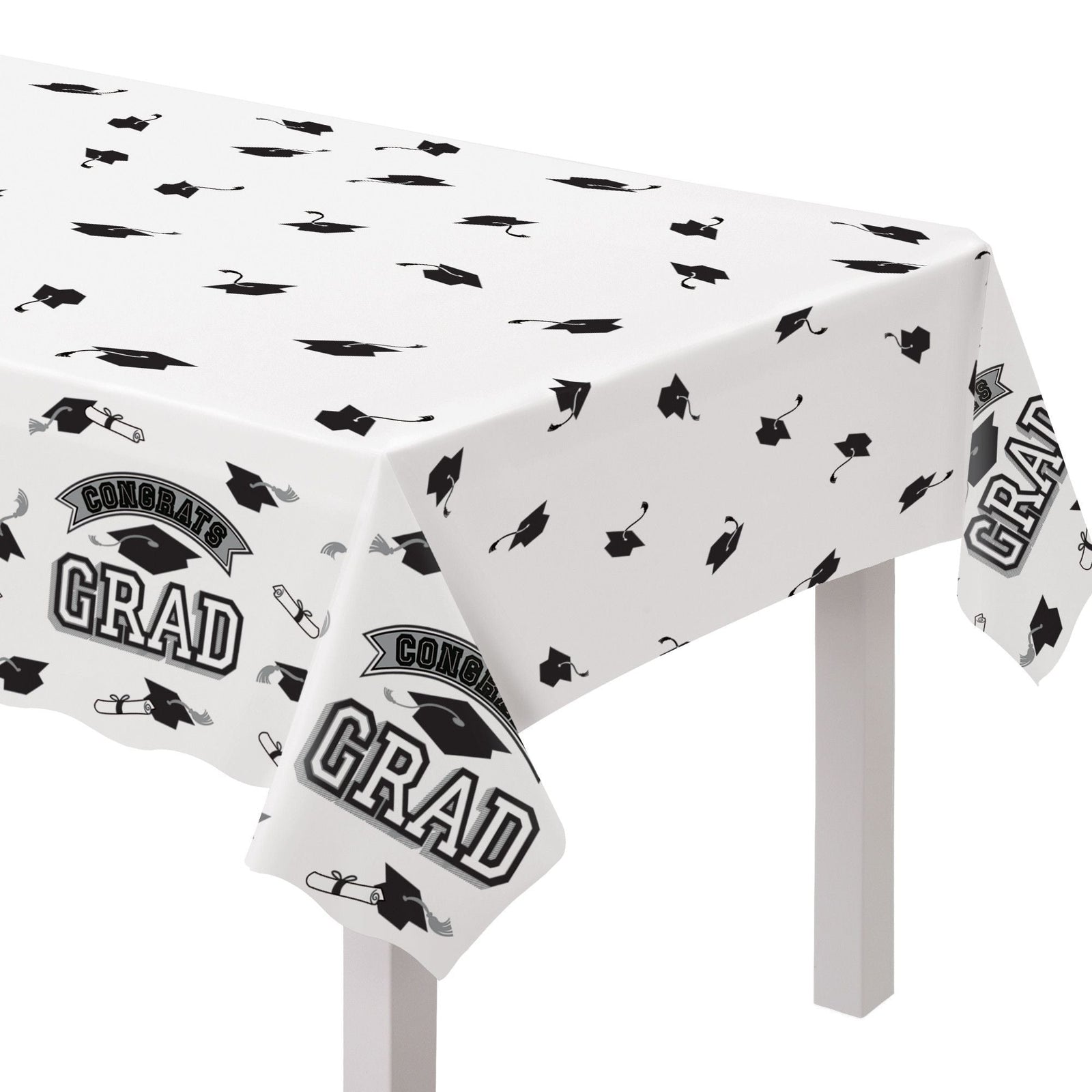 "Congrats Grad" Rectangle Plastic Reusable Table Cover, Black/White, 54x84-in, for Graduation Y5X8 - product image 1