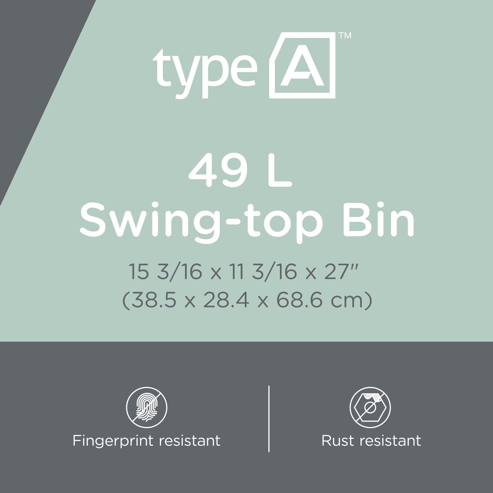 type A Plastic Rectangular Swing Lid Garbage Can, Black/Grey, 50-L W8U6 - product image 3