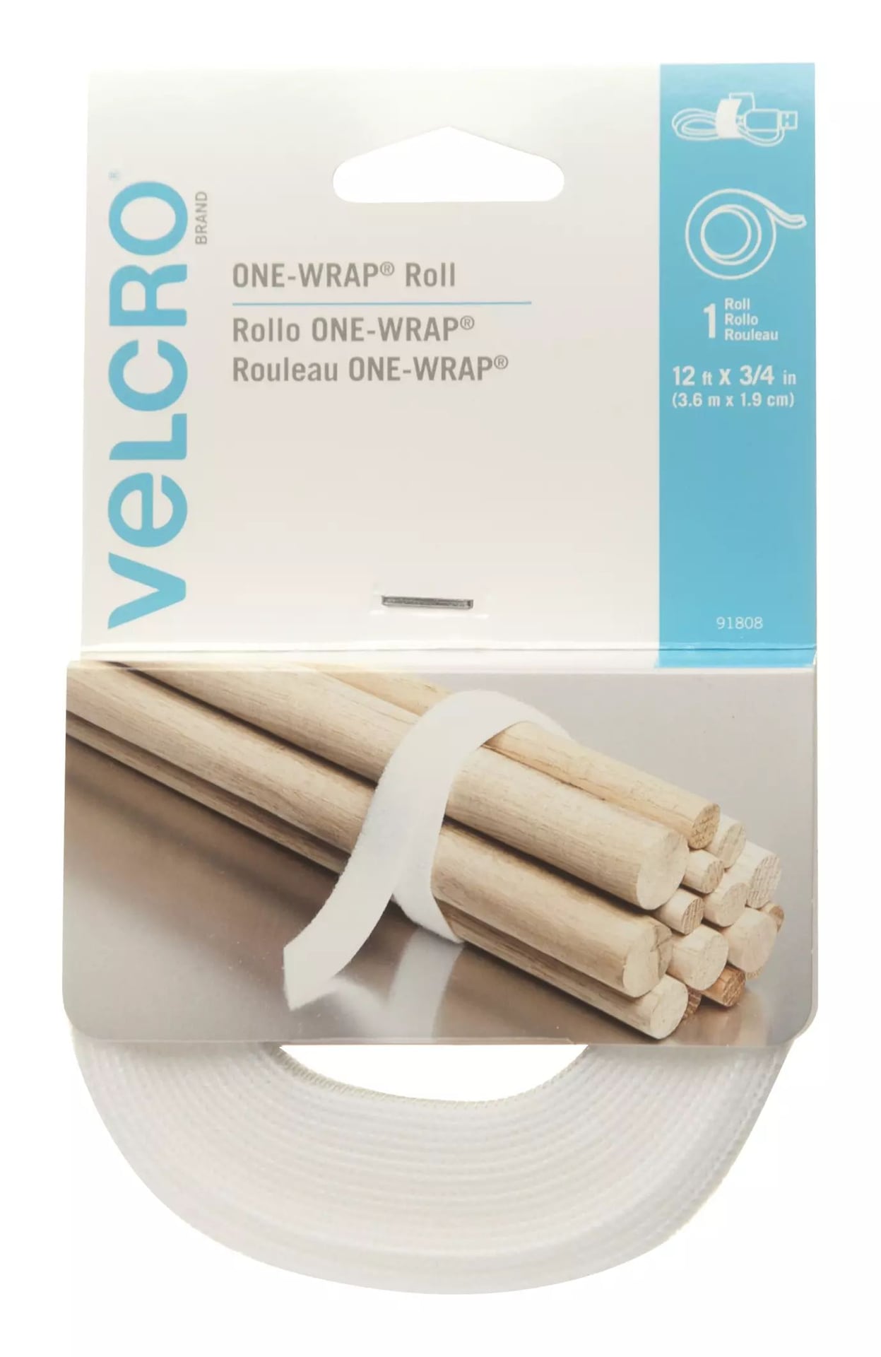 ONE-WRAP Adjustable Reusable Hook and Loop Strap, White Roll, 12-ft x 3/4-in, 1-pk V7O7 - product image 1