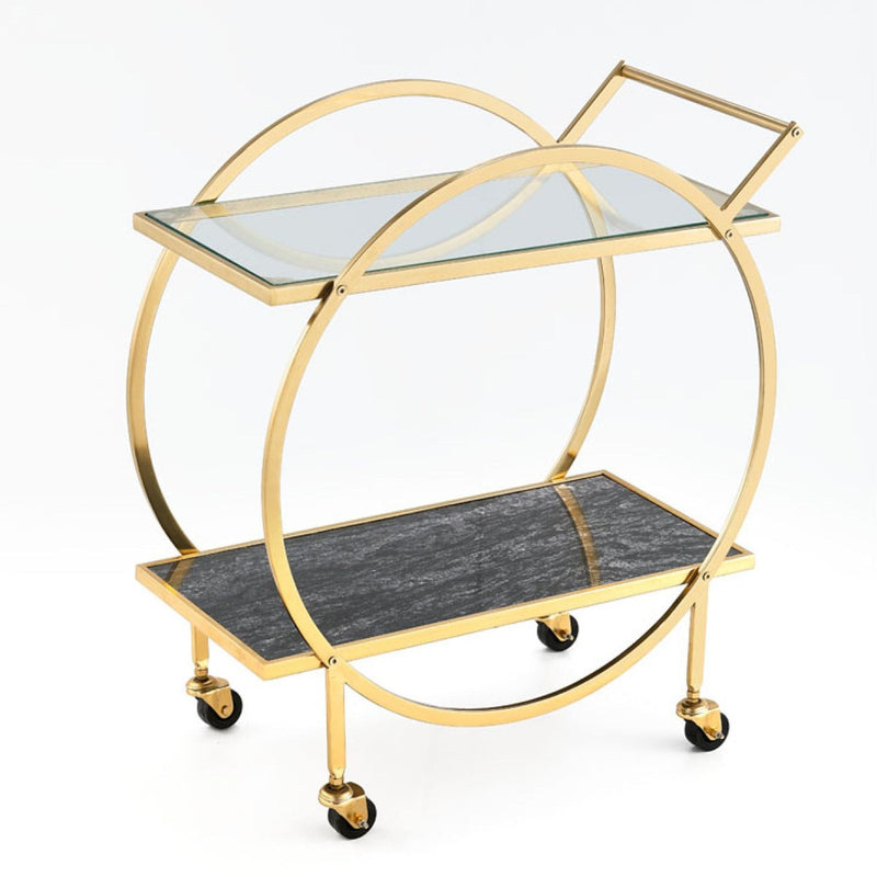 Zara 2-Tier Circular Rolling Bar Storage Cart with Mirrored Top, Gold B8M3