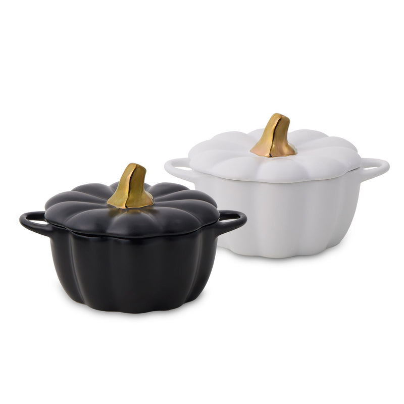 Kitchen 320-mL Black/White Ceramic Pumpkin Cocotte, 2-pk I7L4