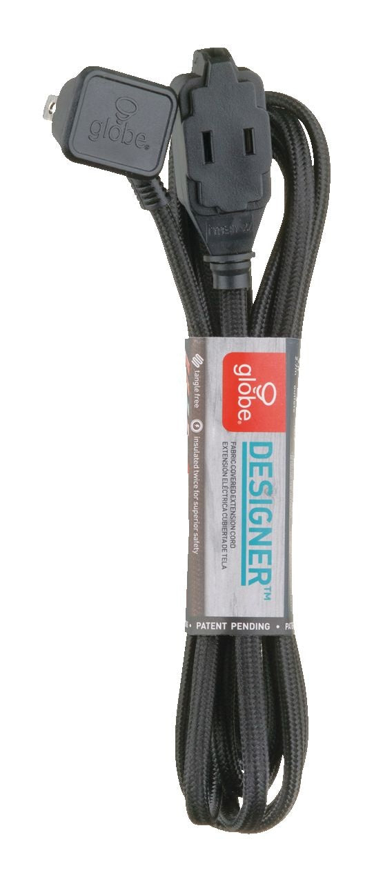 9-ft 16/2 Fabric Extension Cord, Right Angle Plug, 3 Outlets, Black I3N0