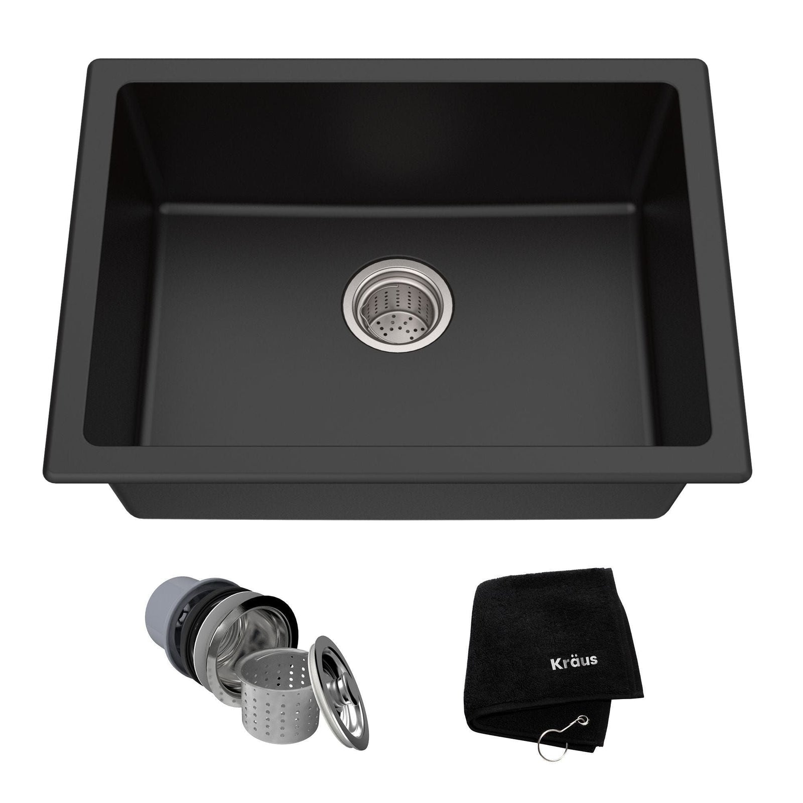 Quarza Top/Undermount Granite Single Bowl Kitchen Sink, Black Onyx, 24x18x9-in Y8K5 - product image 1