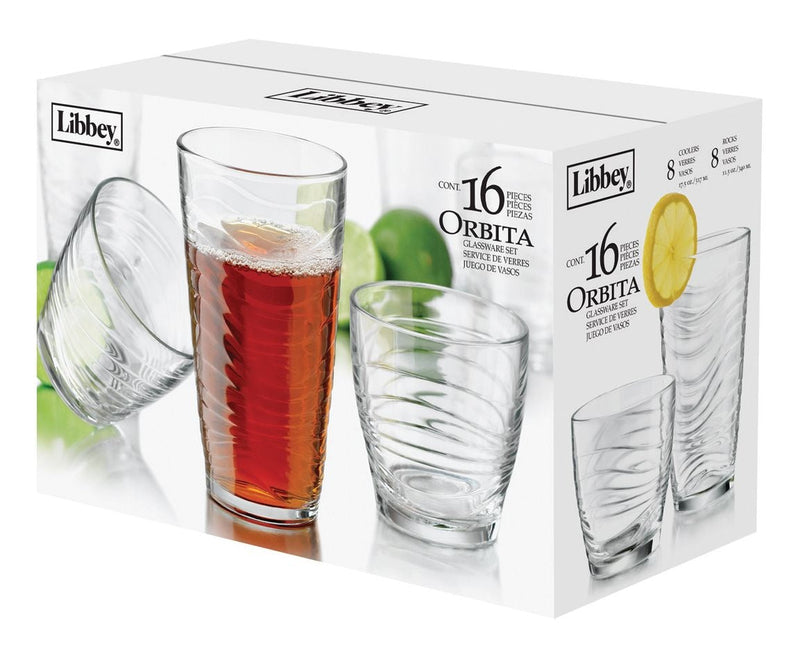 Orbita 16pc Tumbler Glassware Set, Dishwasher Safe, 8pc x 13-oz and 8pc x 18-oz X6N4