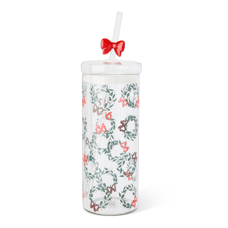 22-oz Printed Glass Tumbler with Bow Charm Straw R7C4
