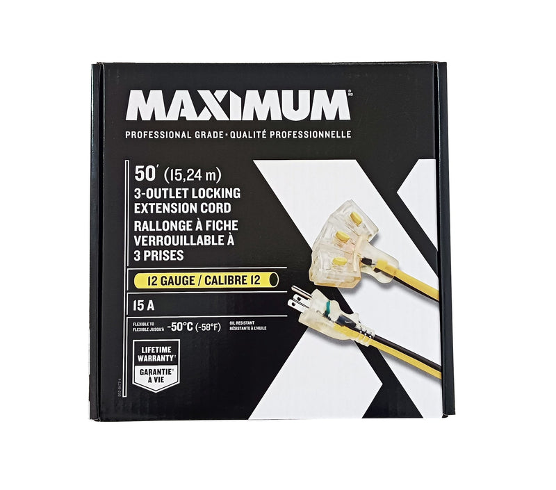 3-Outlet Locking Extension Cord, 50-ft, Yellow/Black G2R9