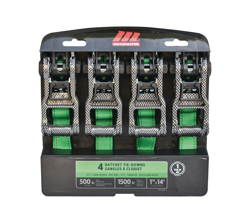 1,500-lb Carbon Ratchet Tie Downs, Weatherproof, 1-in x 14-ft, 4-pk, Green Q1X7