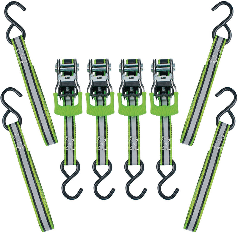 1,500-lb Reflective Ratchet Tie Down Strap, with Padded D-Handle, 1-in x 12-ft, 4-pk, Green C0N4