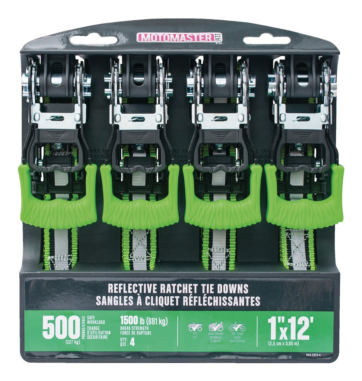 1,500-lb Reflective Ratchet Tie Down Strap, with Padded D-Handle, 1-in x 12-ft, 4-pk, Green C0N4 - product image 2