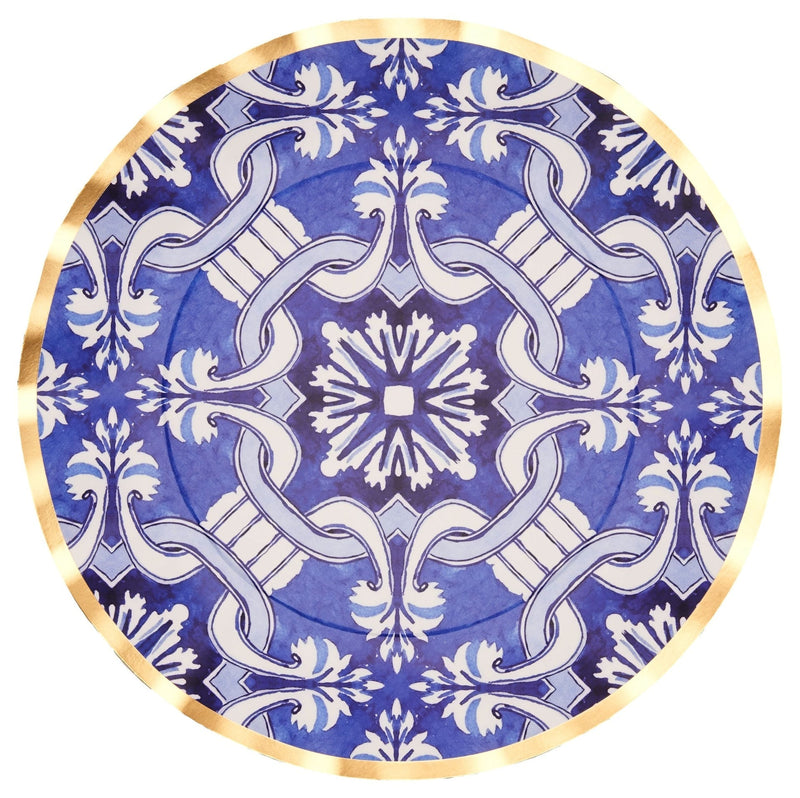 Moroccan Nights Round Bordered Trimmed Paper Disposable Dinner Plates, Blue/Gold, Tile, 10-in, 8-pk, for Mother's Day/Easter Z0Q4