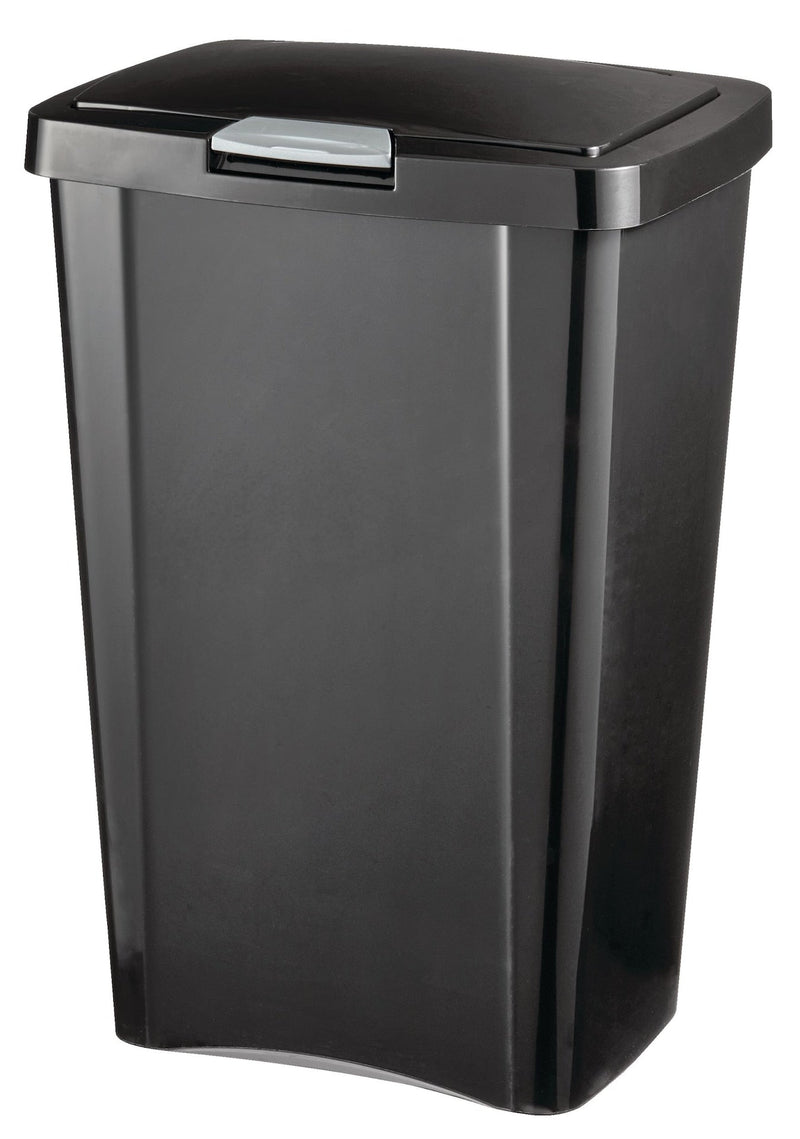 Plastic Rectangular Springloaded Touch Top Garbage Can, Black, 49-L F7V1
