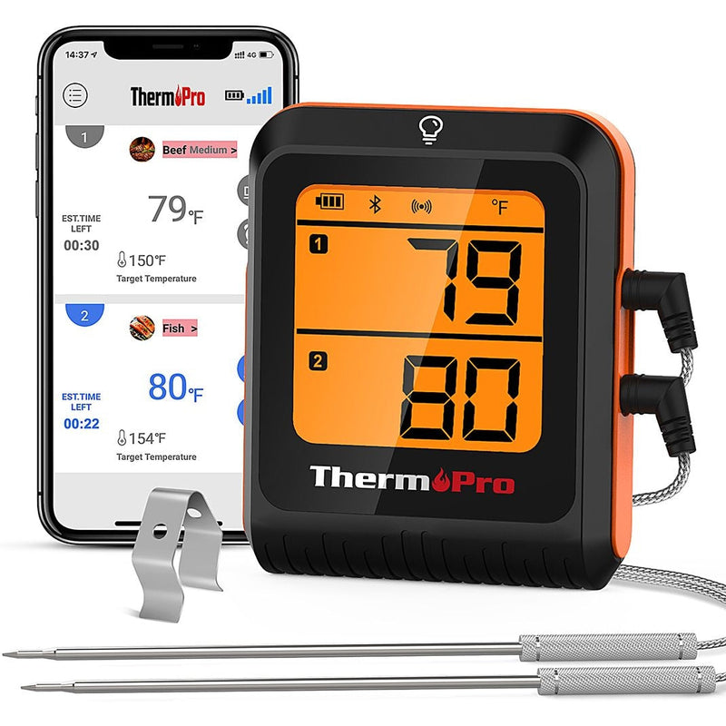 2-Probe Digital-Read Bluetooth Wireless Food & Meat Cooking Thermometer with Backlight Display & Rechargeable Battery V2H6