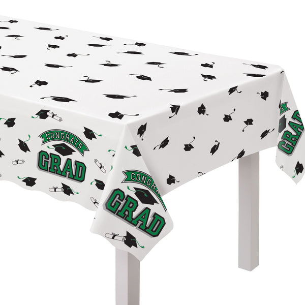 "Congrats Grad" Rectangle Plastic Reusable Table Cover, Green, 54x84-in, for Graduation Z0A5