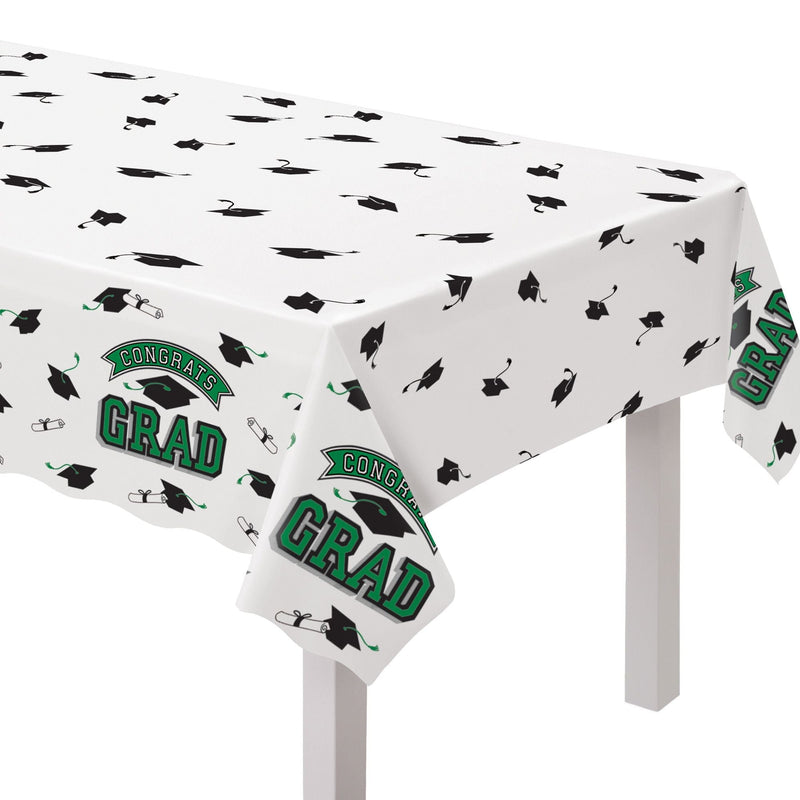 "Congrats Grad" Rectangle Plastic Reusable Table Cover, Green, 54x84-in, for Graduation Z0A5