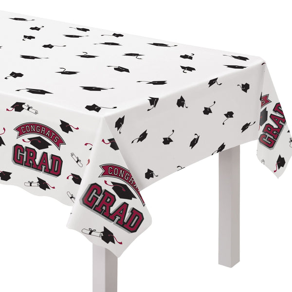 "Congrats Grad" Rectangle Plastic Reusable Table Cover, Maroon, 54x84-in, for Graduation N1W4