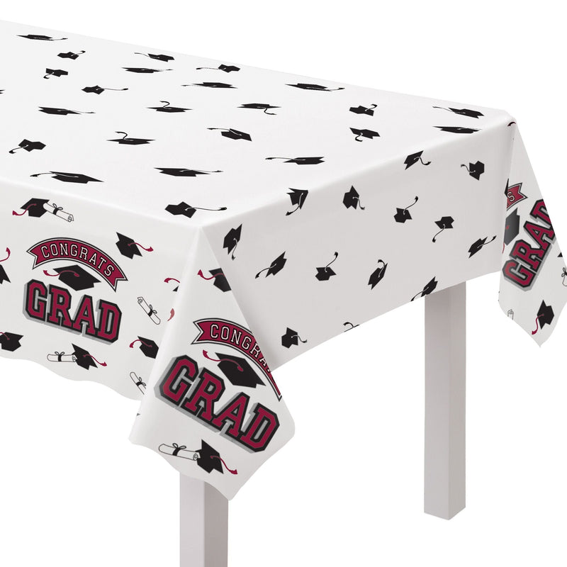 "Congrats Grad" Rectangle Plastic Reusable Table Cover, Maroon, 54x84-in, for Graduation N1W4