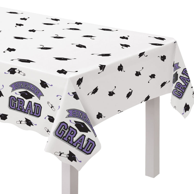 "Congrats Grad" Rectangle Plastic Reusable Table Cover, Purple, 54x84-in, for Graduation L3F7