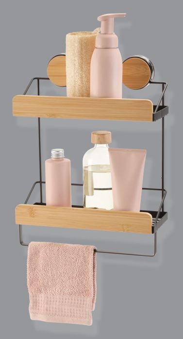 Type A Wall Mounted 2-Tier Shower Rack, Black/Bamboo G5O3