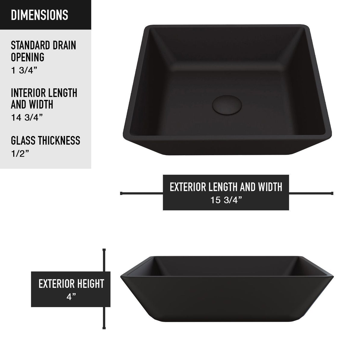 Roma MatteShell Matte Black Bathroom Sink/Basin Set with Lexington Faucet and Glass Square Vessel V3A0 - product image 7